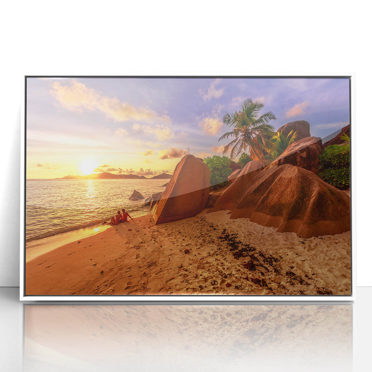 Art deco poster of Seychelles scenery on white framed acrylic, with cool blue and green tones.