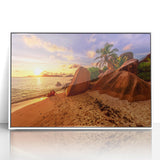 Art deco poster of Seychelles scenery on white framed acrylic, with cool blue and green tones.