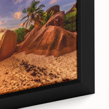 Extra large framed canvas featuring a textured depiction of Seychelles scenery with vibrant colors.