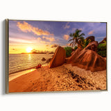 Framed canvas depicting a serene Seychelles landscape in muted earth tones, ideal for bedroom wall art.