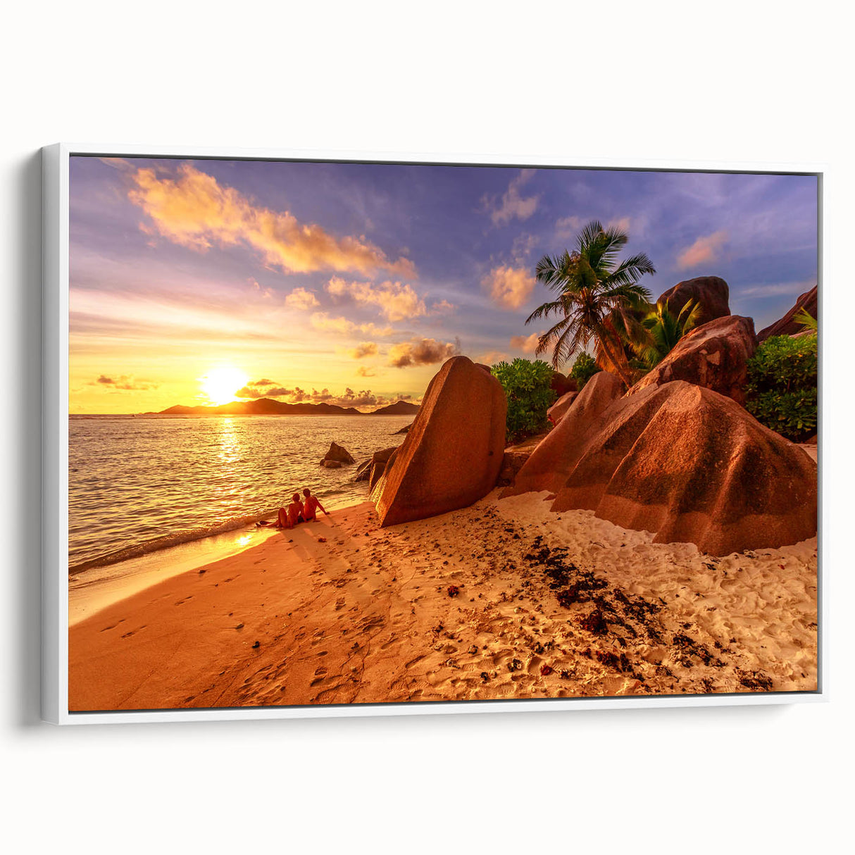 Vintage poster art of Seychelles scenery on extra large framed canvas, featuring vibrant colors, ideal for living room decor.