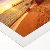 Art deco style poster of Seychelles scenery on a rolled canvas, featuring muted blue and green tones.