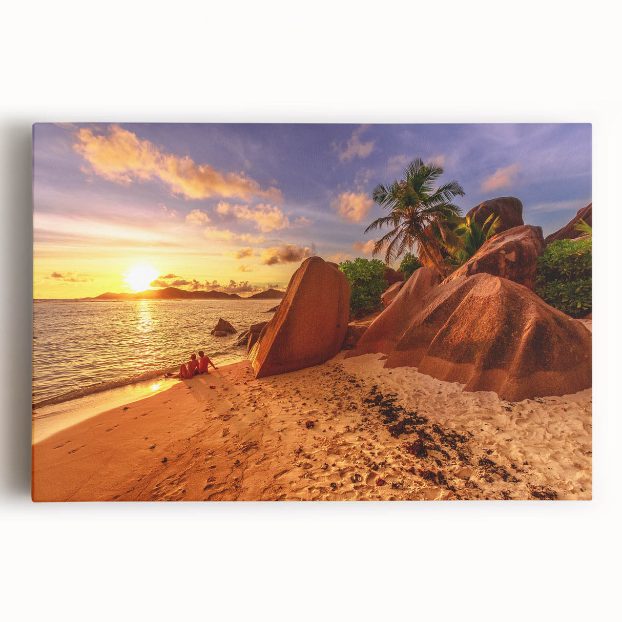 Monochrome photograph of Seychelles landscape on large stretched canvas, ideal for kitchen wall art or bedroom decor.