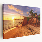 Large canvas print of a Seychelles beach scenery in vibrant ocean blues and sandy tones, ideal for kitchen wall art.