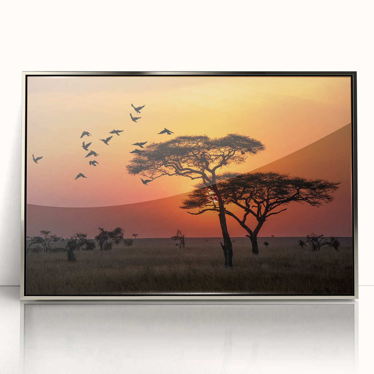 Mid-century modernist art of Tanzania scenery in muted earth tones on a silver-framed acrylic, ideal for nursery wall art.