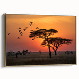 Framed canvas featuring a vintage-style landscape painting of Tanzania, with muted earth tones, ideal for bedroom wall art.