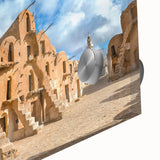 Large abstract wall art featuring a Tunisian landscape on acrylic glass, in earthy tones, suitable for dining room ambiance.