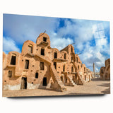 Large abstract depiction of Tunisia scenery in muted earth tones on acrylic glass, suitable for bedroom or dining room art.