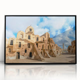 Large abstract wall art depicting a Tunisian landscape in muted earth tones, framed in black acrylic.