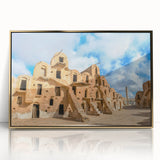 Framed acrylic print of a Tunisian landscape in gold and earth tones, suitable for modern art wall decor.