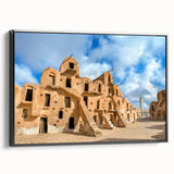 Framed canvas featuring a black and white vintage poster art of a Tunisian landscape, ideal for bedroom wall decor.
