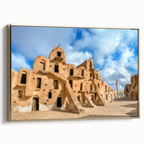 Framed canvas depicting a vintage-style Tunisian landscape in black and gold tones, suitable for bedroom wall art.