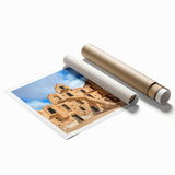 Extra large rolled print of a Tunisian landscape with vibrant floral elements, ideal for classy bathroom wall art.