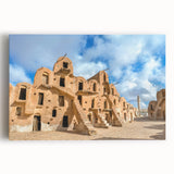 A black and white photo of Tunisian scenery on a large stretched canvas, suitable for kitchen wall art.