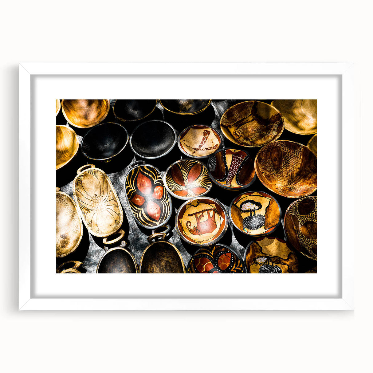 Abstract art print of African scenery in Zambia, featuring earthy tones on a framed white mat, ideal for dining room decor.