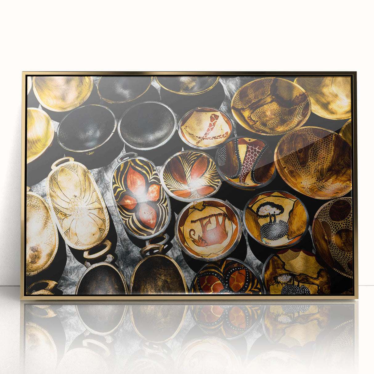 Acrylic print of an African landscape in warm earth tones, framed in gold, suitable for modern art wall decor.