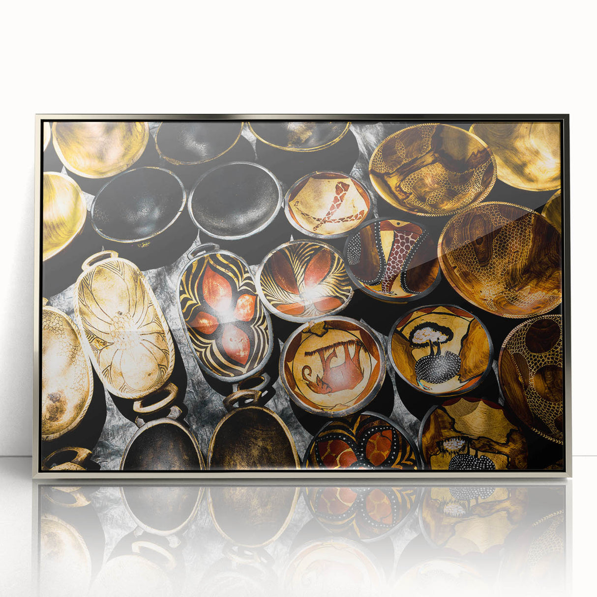 Mid-century modernist art depicting a serene African landscape in muted earth tones on a framed acrylic print.