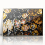 Mid-century modernist art depicting a serene African landscape in muted earth tones on a framed acrylic print.