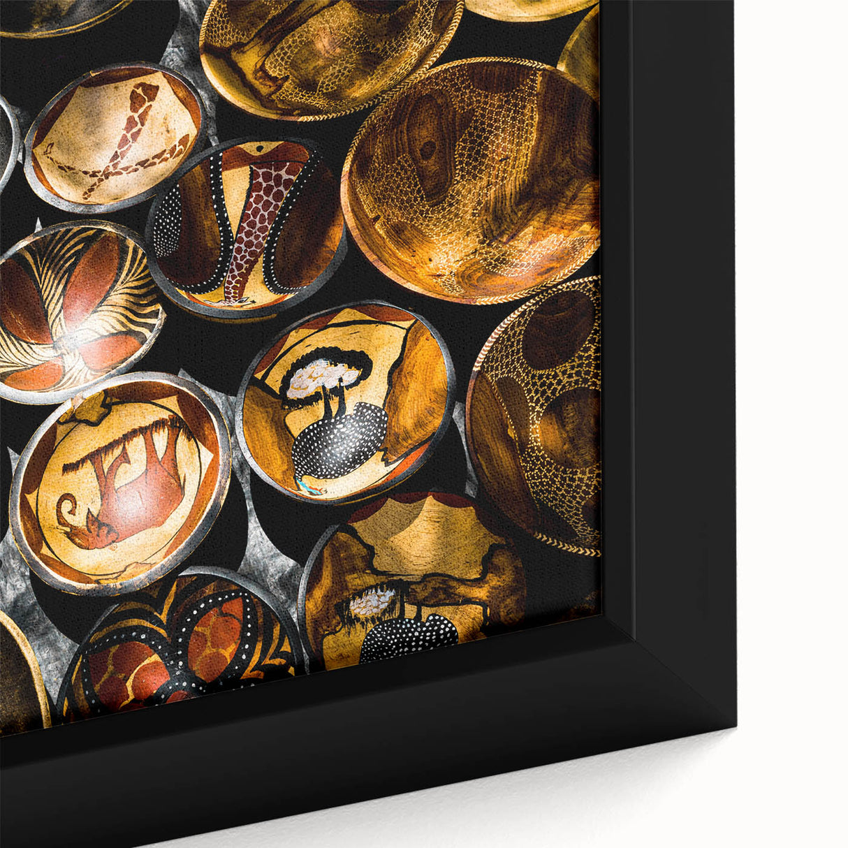Extra large framed canvas featuring a textured, colorful African landscape in predominantly black tones.