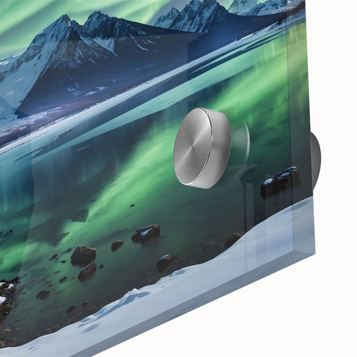 Large abstract wall art depicting a serene Antarctic landscape in muted blue and white tones on acrylic glass.