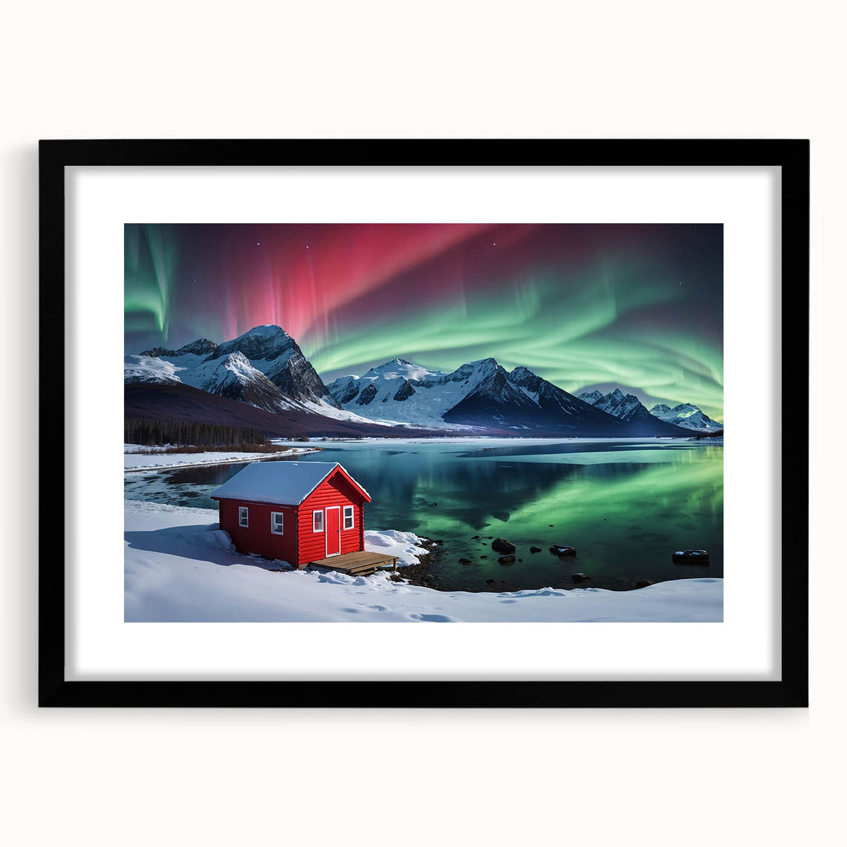 Extra large abstract art print of a colorful Antarctic landscape on textured canvas, framed in black.