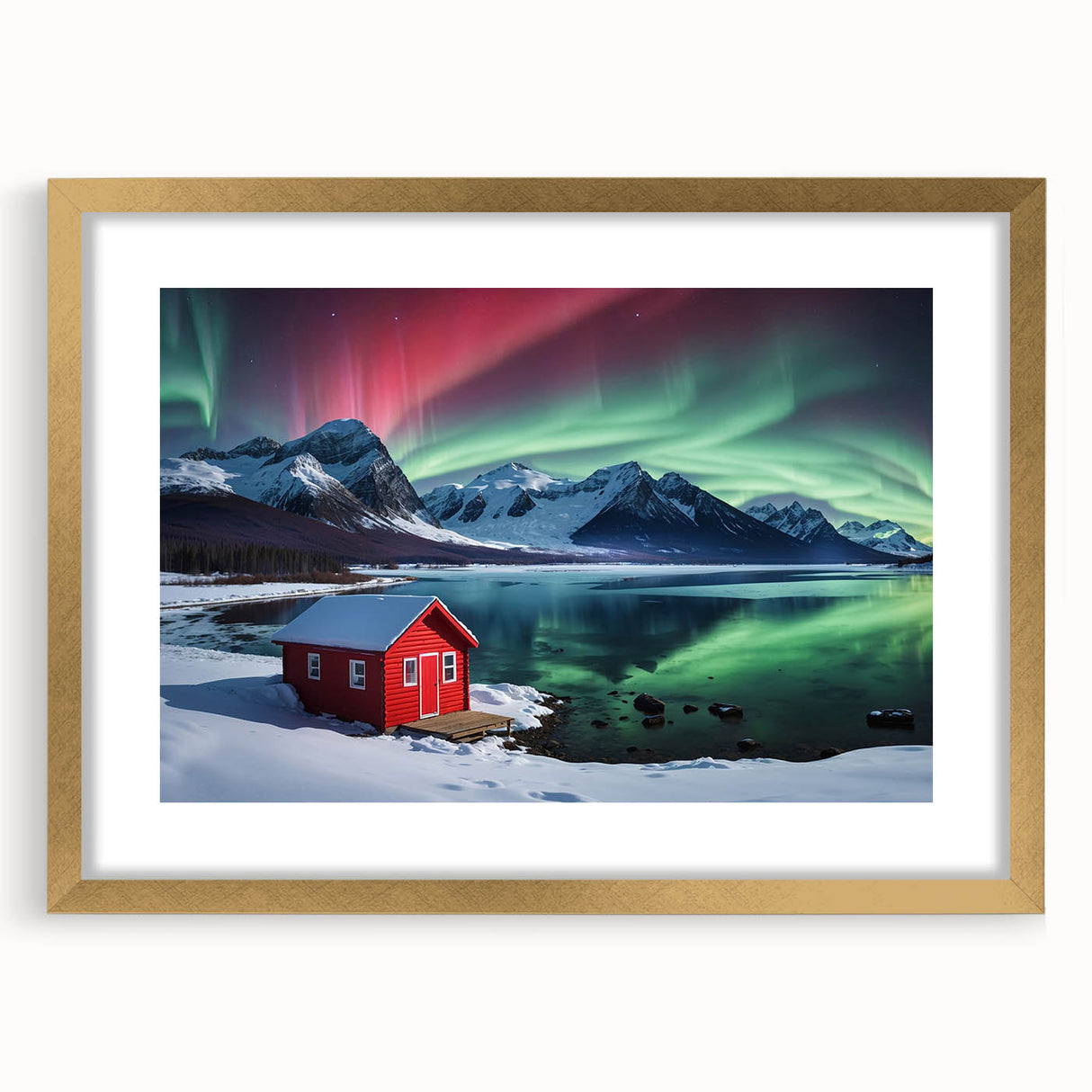 Extra large abstract art print depicting a textured Antarctic landscape in cool blue and white tones, framed in gold.