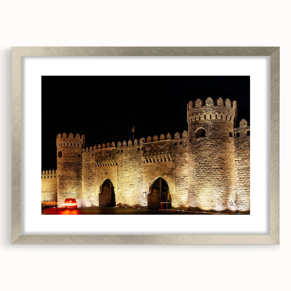 Textured abstract art print depicting a serene Azerbaijani landscape in muted earth tones, framed in silver.