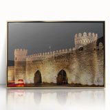 Framed acrylic print of a mid-century modernist Azerbaijani landscape in muted earth tones, ideal for modern art wall decor.