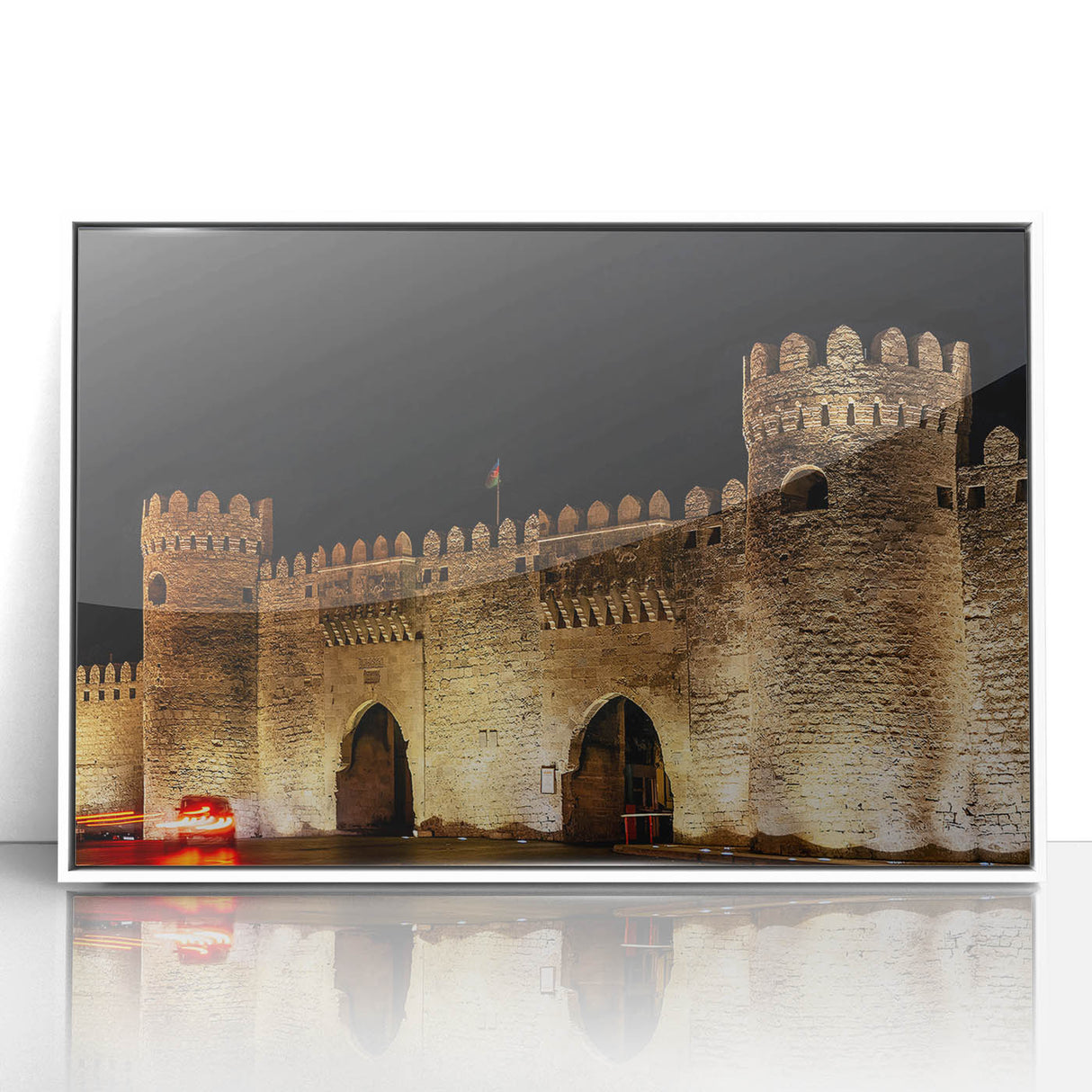 Art deco poster depicting a serene Azerbaijani landscape in muted green and blue tones, framed in white acrylic.