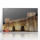 Art deco poster depicting a serene Azerbaijani landscape in muted green and blue tones, framed in white acrylic.