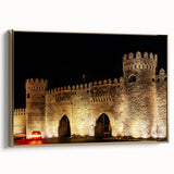 Framed canvas featuring a vintage-style landscape painting of an Azerbaijani scenery in muted gold and black tones.