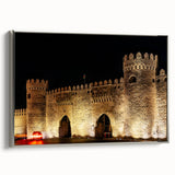 Landscape art painting of an Azerbaijani scenery on a framed canvas, featuring vibrant green and blue tones.