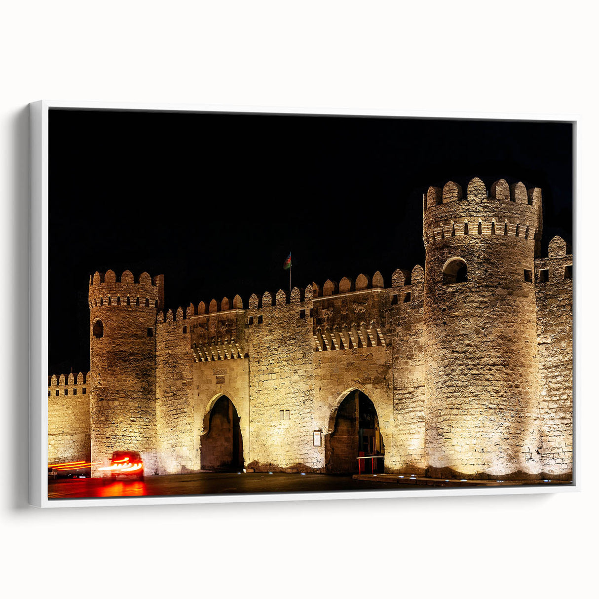 Vintage poster art of an Azerbaijani landscape on a framed canvas, featuring vibrant colors against a black background.