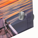 Large abstract wall art featuring mid-century modernist style, vibrant hues of blue and orange on acrylic glass.