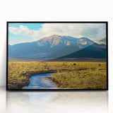 Large abstract wall art of Bhutan scenery in muted earth tones on a framed acrylic, suitable for modern home decor.