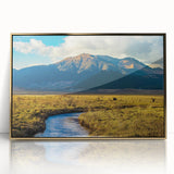 Framed acrylic print of a Bhutanese landscape in muted earth tones, ideal for modern art wall decor.