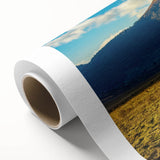 Art deco poster of Bhutan scenery in muted earth tones on rolled canvas, suitable for nursery wall art or dining room decor.