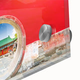 Large abstract depiction of Beijing skyline in muted earth tones on acrylic glass, ideal for dining room art.