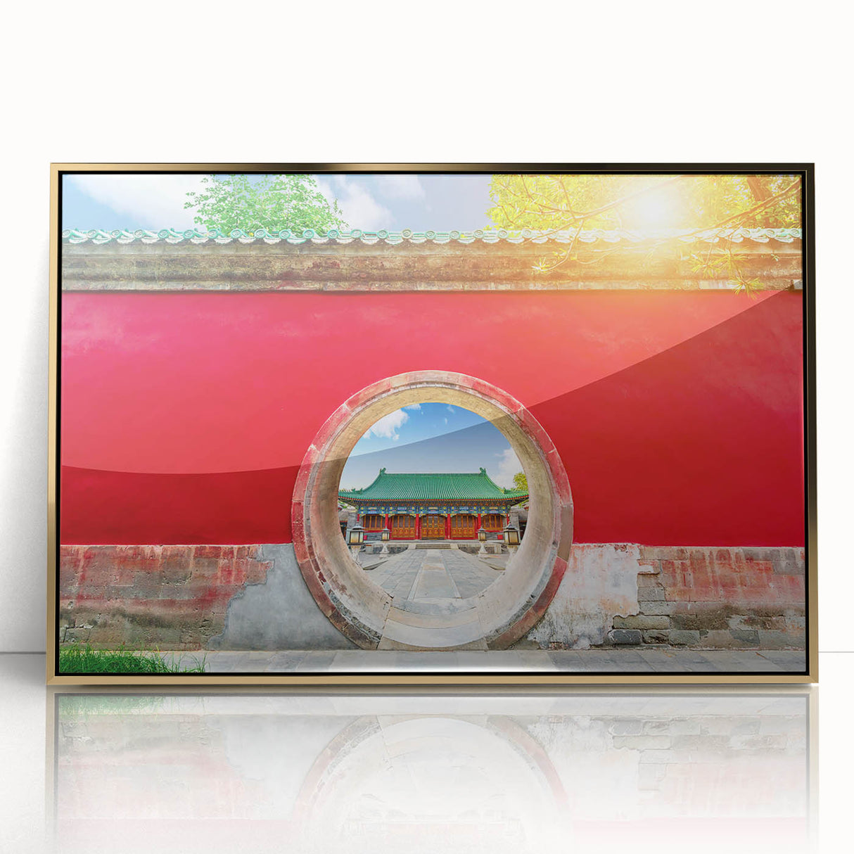 Framed acrylic print featuring a mid-century modernist Beijing cityscape in muted gold tones.