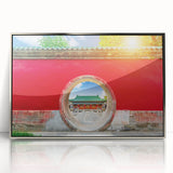 Mid-century modernist art depicting Beijing scenery in muted earth tones on a framed acrylic print.