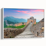 Framed vintage poster art of the Great Wall of China in muted earth tones, ideal for living room decor.