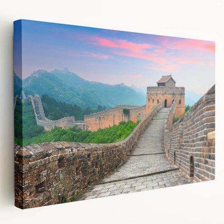 Side view of a large stretched canvas depicting the Great Wall of China in muted earth tones, ideal for kitchen wall art.