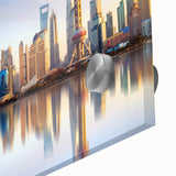 Large abstract wall art of Shanghai skyline in muted gray and blue tones on acrylic glass, suitable for dining room ambiance.