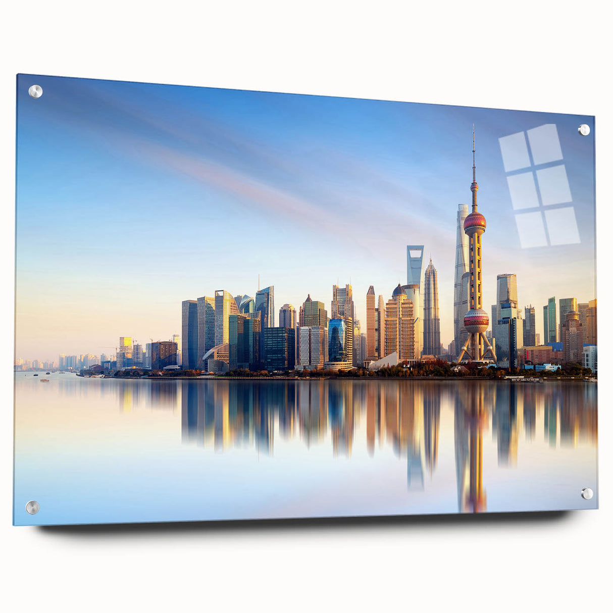 Acrylic print of a large abstract depiction of the Shanghai skyline in muted gray and blue tones.