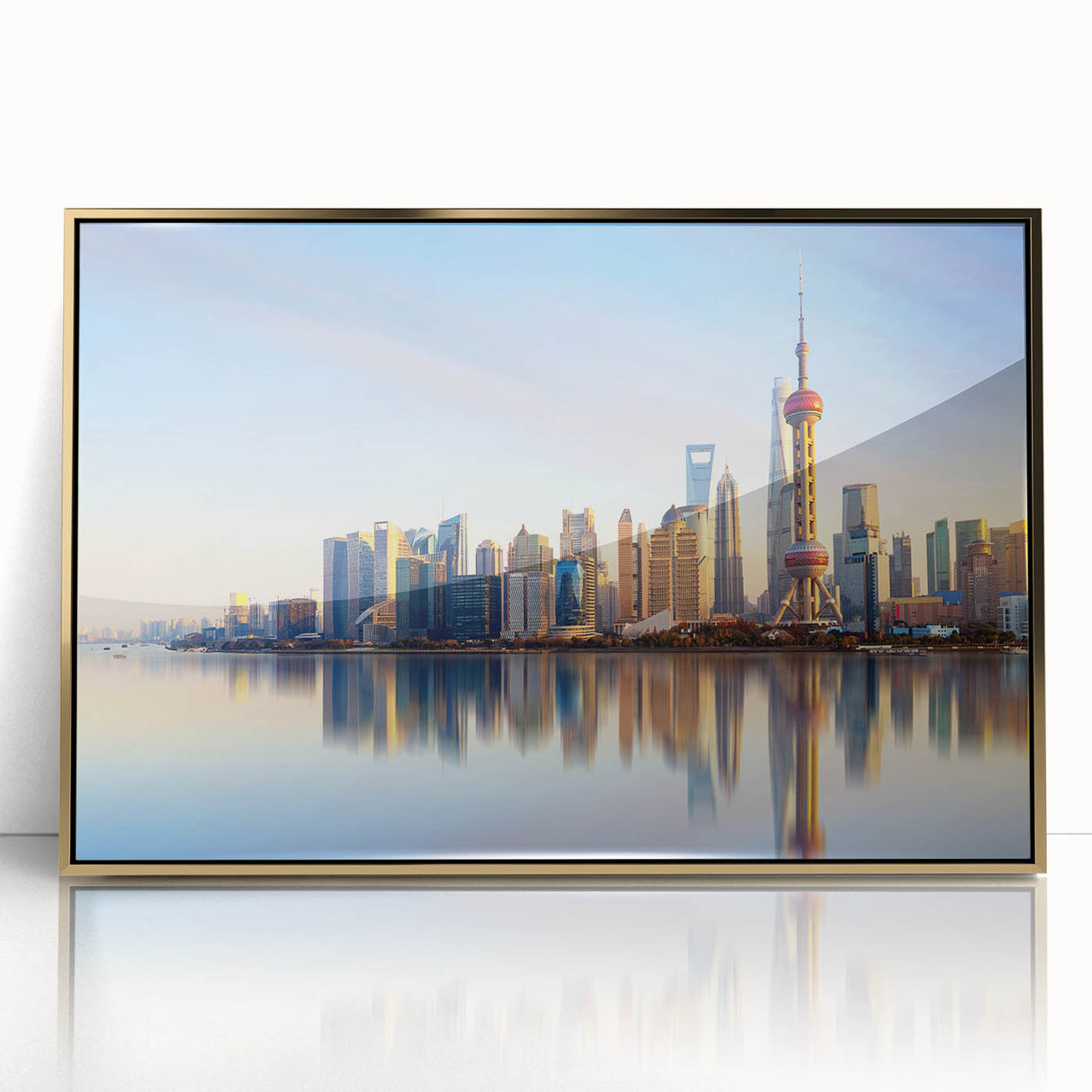 Large art print of Shanghai skyline in gold and blue tones on acrylic, framed, in mid-century modernist style.