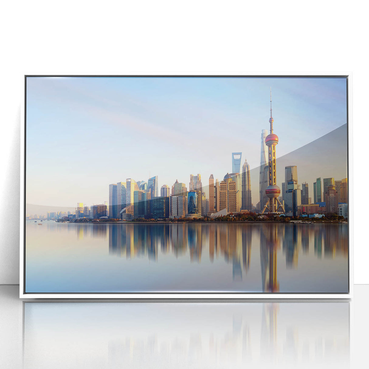 Framed acrylic print of Shanghai skyline with muted gray and blue tones, ideal for modern art wall decor.