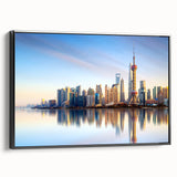 Black and white wall art of Shanghai skyline on framed canvas, featuring vintage poster art style, ideal for bedroom decor.