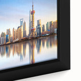 Extra large framed canvas of a textured Shanghai skyline in black with colorful art accents, ideal for living room decor.