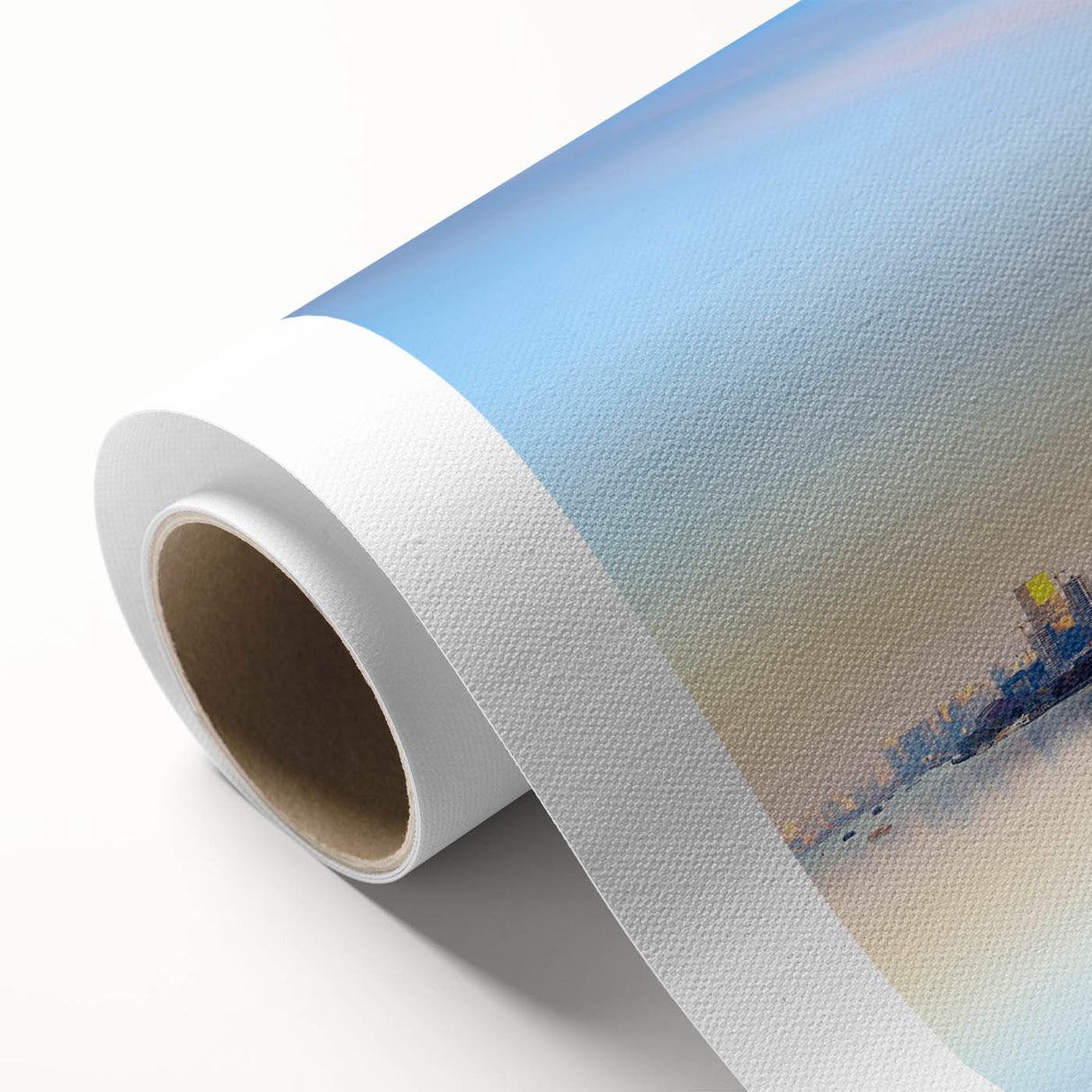 Art Deco poster of Shanghai skyline in muted gold and blue tones on rolled canvas, ideal for nursery wall art.
