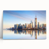 Black and white print of Shanghai skyline on stretched canvas, suitable as large kitchen wall art or for bedroom ambiance.